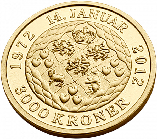 картинка Дания. 3000 Крон 2012 г. Золото 8.65 г*0.900 0.2503 oz. 40-летие Правления Маргрете II. от магазина Одежда+ 2