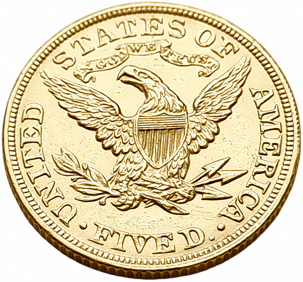 картинка США. 5 Долларов 1892 г. Золото. 8.359 г*0.900 0.2419 oz. от магазина Одежда+ 2