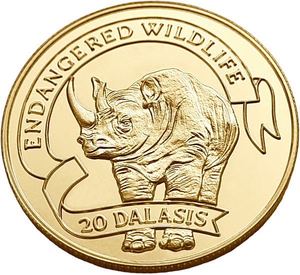 картинка Гамбия. 20 Даласи 1995 г. Золото. 7.776 г*0.5833 0.1458 oz. Носорог! от магазина Одежда+