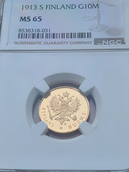 картинка Финляндия. Россия. 10 Марок 1913 г. Золото. 3.2258 г*0.900 0.0933 oz. (S). СЛАБ NGC MS 65! от магазина Одежда+ 3