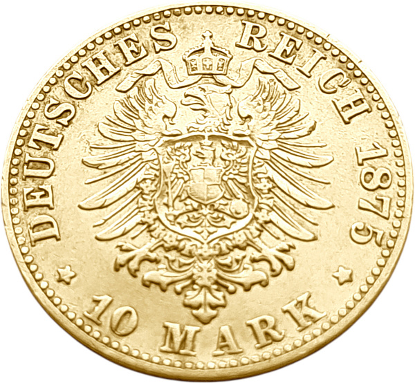 картинка Гессен. 10 Марок 1875 г. Золото. 3.982 г*0.900 0.1152 oz. от магазина Одежда+ 2