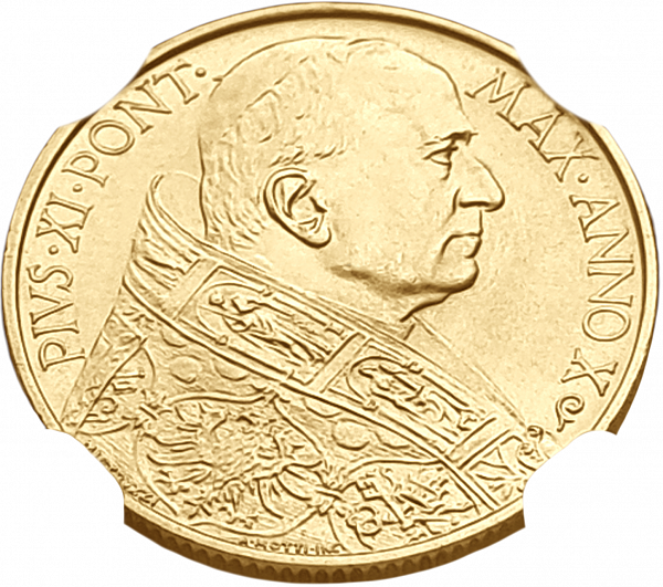 картинка Ватикан. 100 Лир 1931 г. Золото. 8.8 г*0.900 0.2546 oz. СЛАБ ННР MS 63! от магазина Одежда+ 2