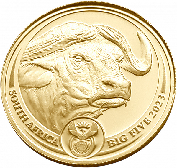 картинка ЮАР. 50 Рандов 2023г. Золото. 7.78г*0.9999 0.25 oz. Большая Пятерка II. Буйвол! Коробка, Сертификат! от магазина Одежда+
