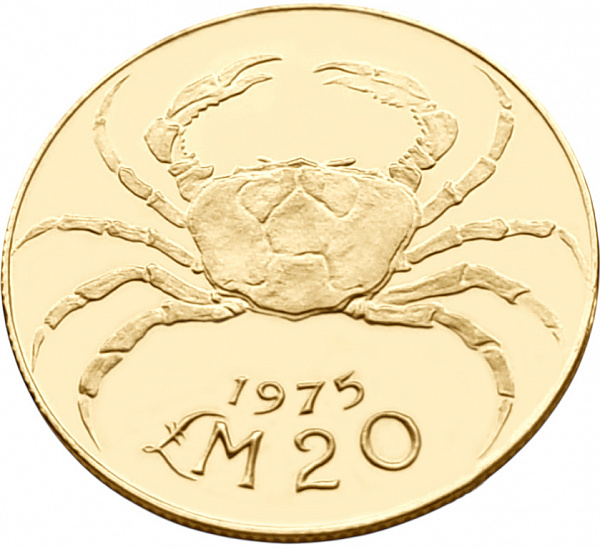 картинка Мальта. 20 Лир 1975 г. Золото. 6.0 г*0.917 0.1769 oz. от магазина Одежда+