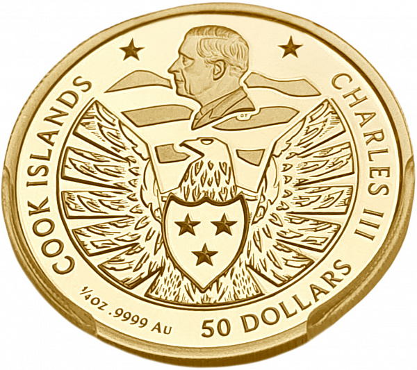 картинка Острова Кука. 50 Долларов 2025 г. Золото. 7.78 г*0.9999 0.25 oz. СЛАБ PCGS PR 70 DCAM! от магазина Одежда+ 2