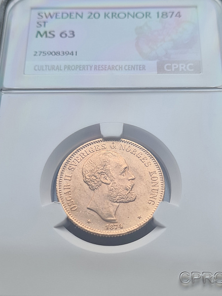 картинка Швеция. 20 Крон 1874 г. Золото. 8.9606 г*0.900 0.2593 oz. СЛАБ CPRC MS 63! от магазина Одежда+ 3