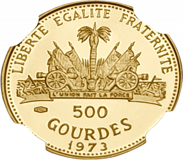 картинка Гаити. 500 Гурдов 1973г. Золото. 7.28 г*0.900 0.2107 oz. Пруф! СЛАБ NGC PF 69 ULTRA CAMEO! от магазина Одежда+ 2
