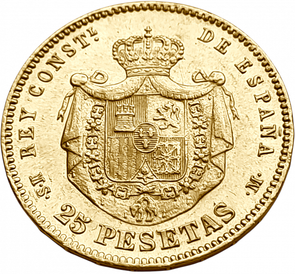 картинка Испания. 25 Песет 1882 (1882) г. Золото. 8.0645 г*0.900 0.2333 oz. СЛАБ ННР MS 61! от магазина Одежда+ 2