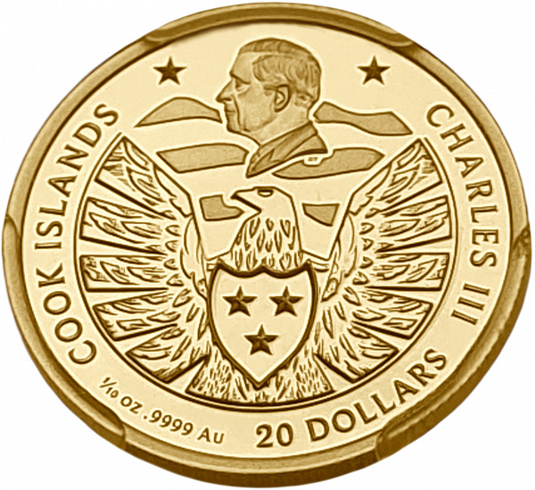 картинка Острова Кука. 20 Долларов 2025 г. Золото. 3.11 г*0.9999 0.1 oz. СЛАБ PCGS PR 70 DCAM! от магазина Одежда+ 2