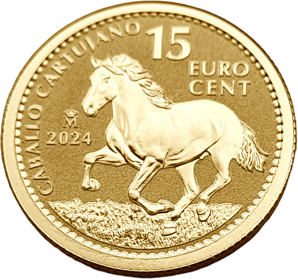картинка Испания. 15 Центов 2024 г. Золото. 3.111 г*0.9999 0.1 oz. Андалузская Лошадь! от магазина Одежда+
