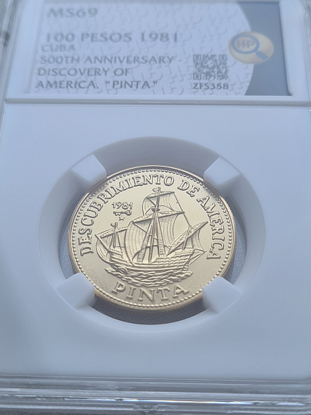 картинка Куба. 100 Песо 1981 г. Золото. 12.0 г*0.917 0.3538 oz. Открытие Америки! Пинта! от магазина Одежда+ 3