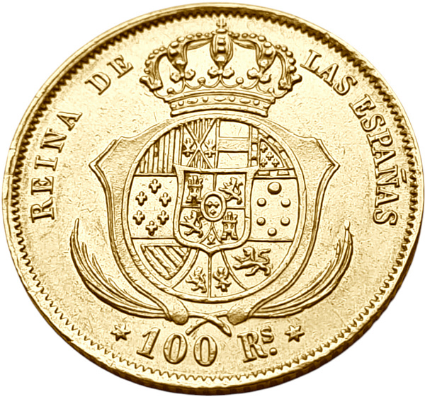 картинка Испания. 100 Реалов 1860 г. Золото. 8.3 г*0.900 0.2402 oz. от магазина Одежда+ 2
