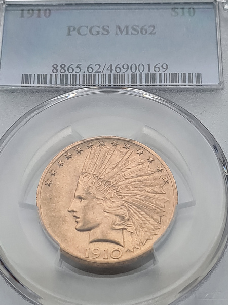 картинка США. 10 Долларов 1910 г. Золото. 16.72 г*0.900 0.4837 oz. (D). СЛАБ PCGS MS 62! от магазина Одежда+ 3