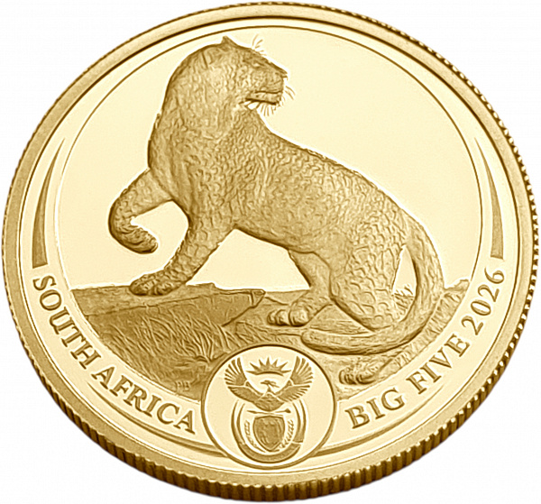 картинка ЮАР. 50 Рандов 2026 г. Золото. 7.78 г*0.9999 0.25 oz. Большая Пятерка! Леопард! СЛАБ ННР PF 70! от магазина Одежда+