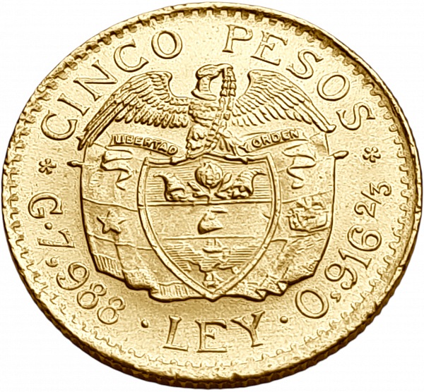 картинка Колумбия. 5 Песо 1925 г. Золото. 7.9881 г*0.917 0.2355 oz. от магазина Одежда+ 2