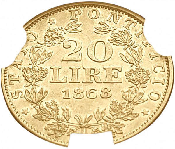 картинка Ватикан. 20 Лир 1868 г. Золото. 6.451 г*0.900 0.1867 oz. СЛАБ CPRC AU 53! от магазина Одежда+ 2